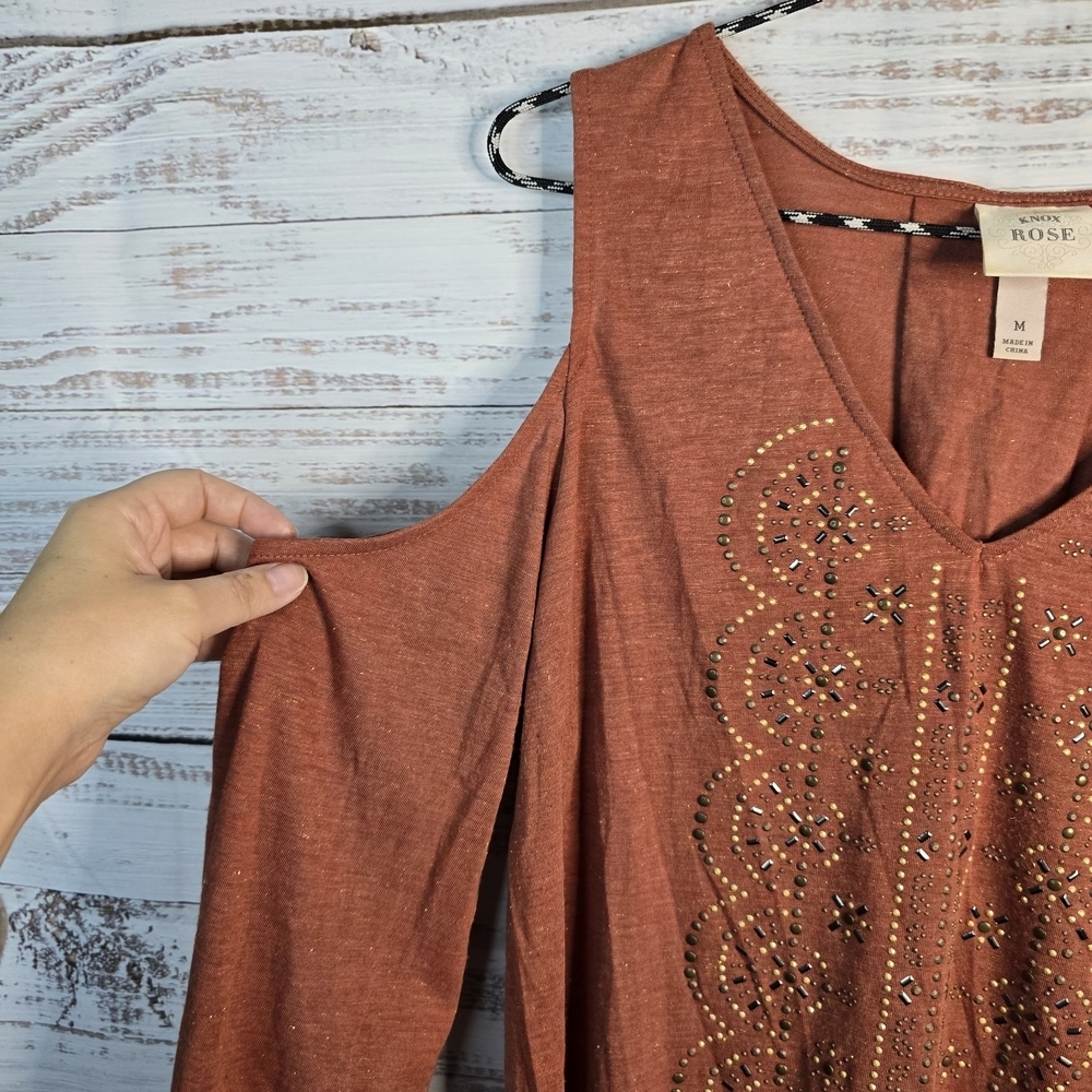 Knox Rose Womens Tunic Top Medium‎ Rust Brown Western Beaded Metallic Gold 16788 - Picture 3 of 6